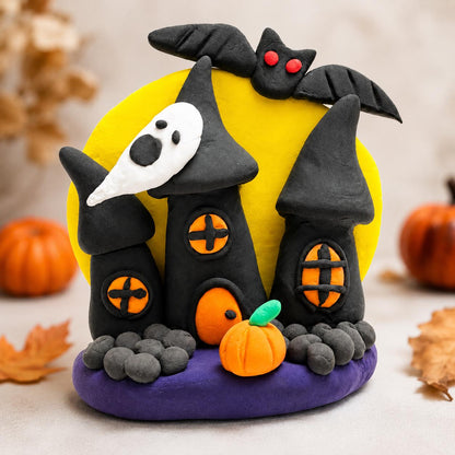 Handmade haunted castle clay figurine with moon, bat and pumpkin — view 3