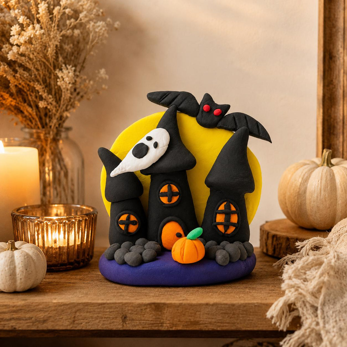 Handmade haunted castle clay figurine with moon, bat and pumpkin — view 4