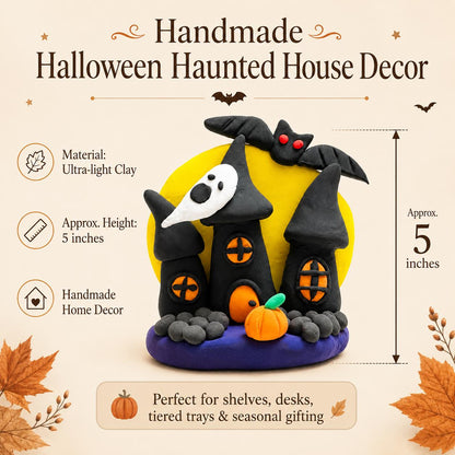 Handmade haunted castle clay figurine with moon, bat and pumpkin — view 5