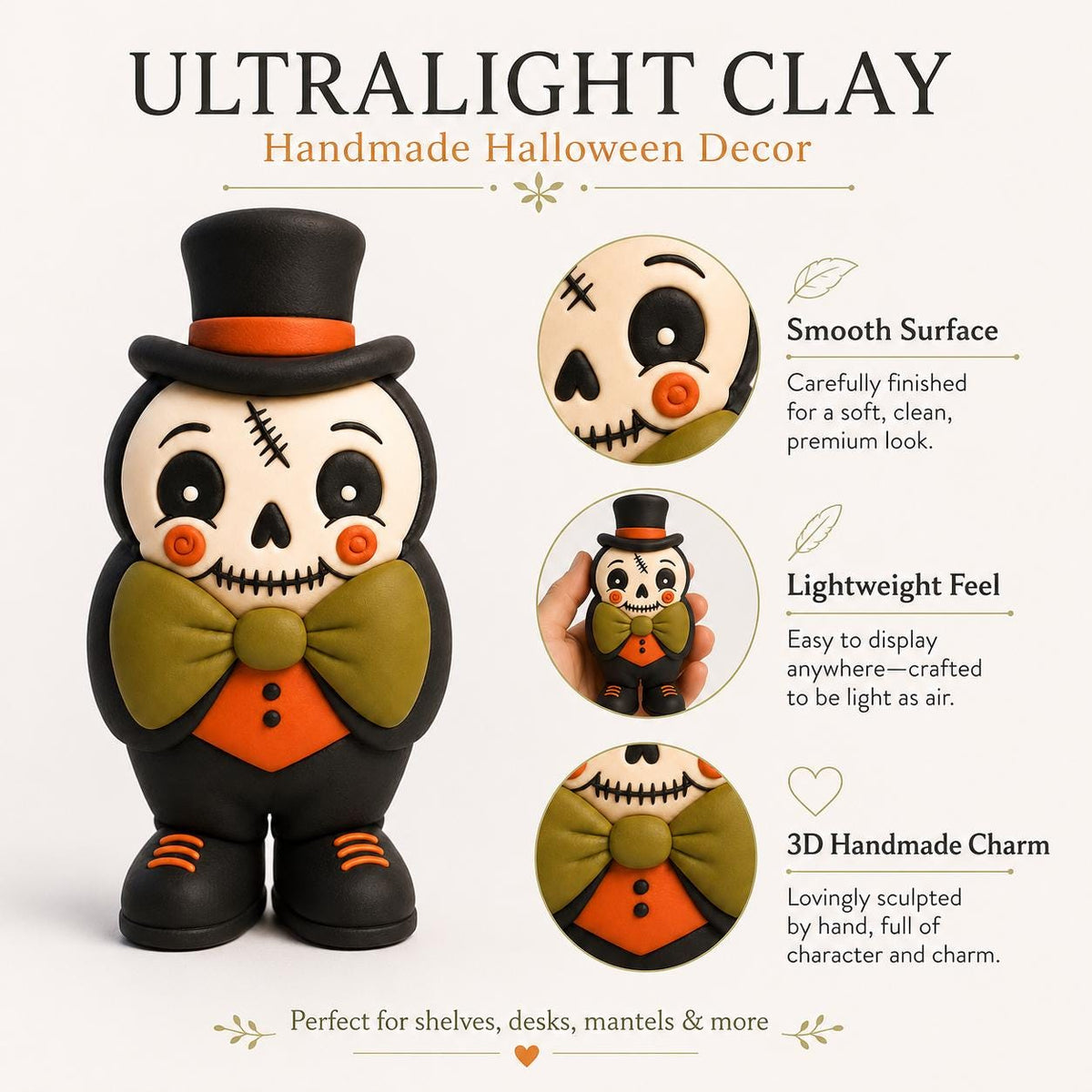 Handmade Halloween skeleton clay figurine — original image 4