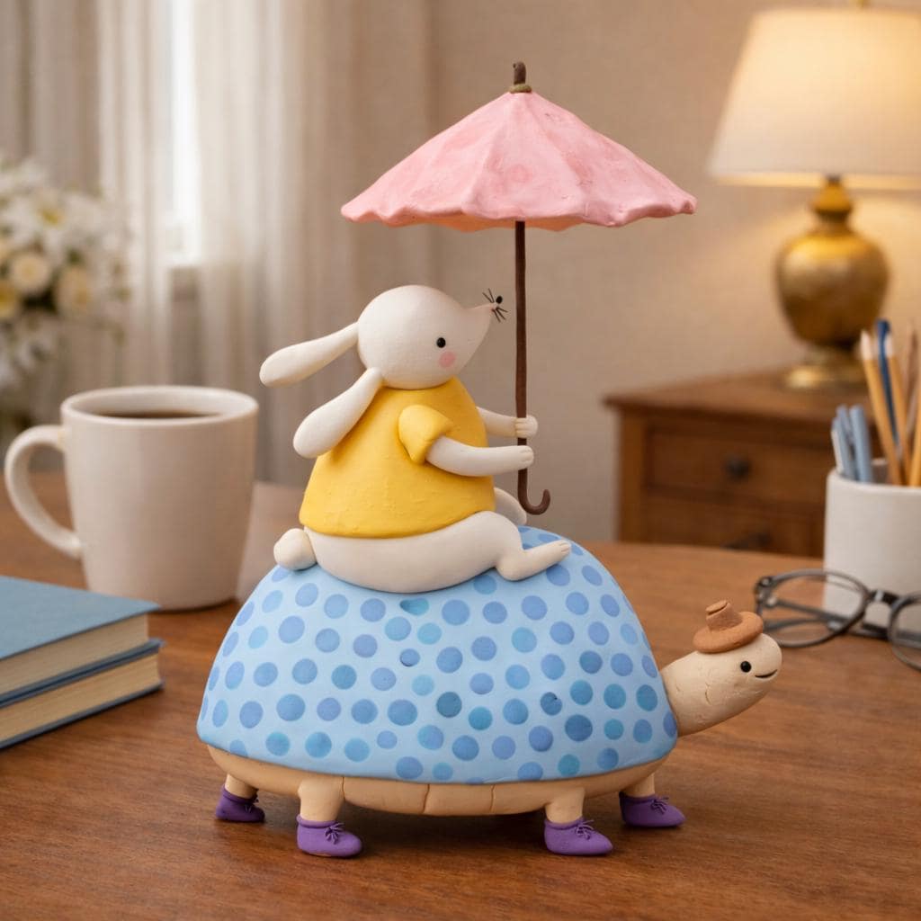 Bunny riding turtle clay figurine — original listing image 1