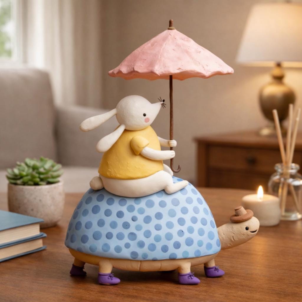 Bunny riding turtle clay figurine — original listing image 2
