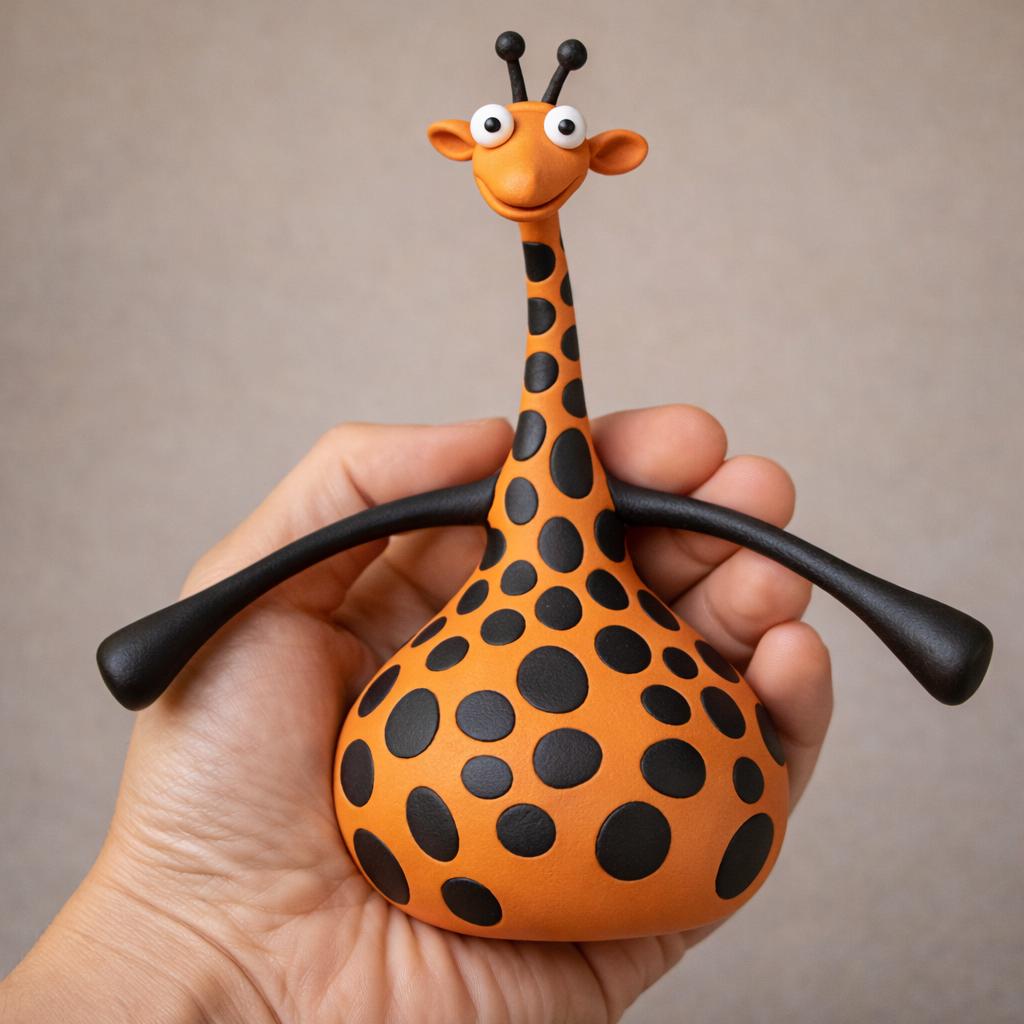 Handmade orange and black spotted giraffe clay figurine