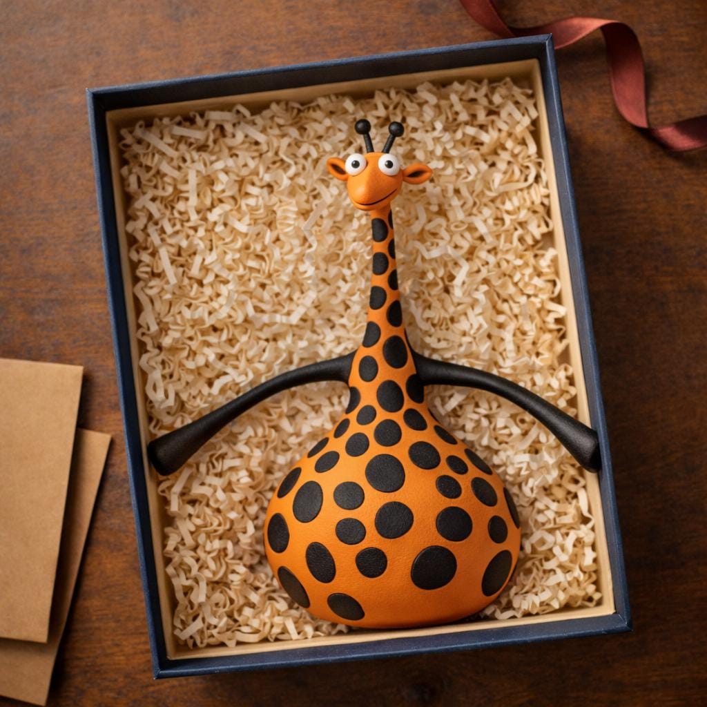 Handmade orange and black spotted giraffe clay figurine