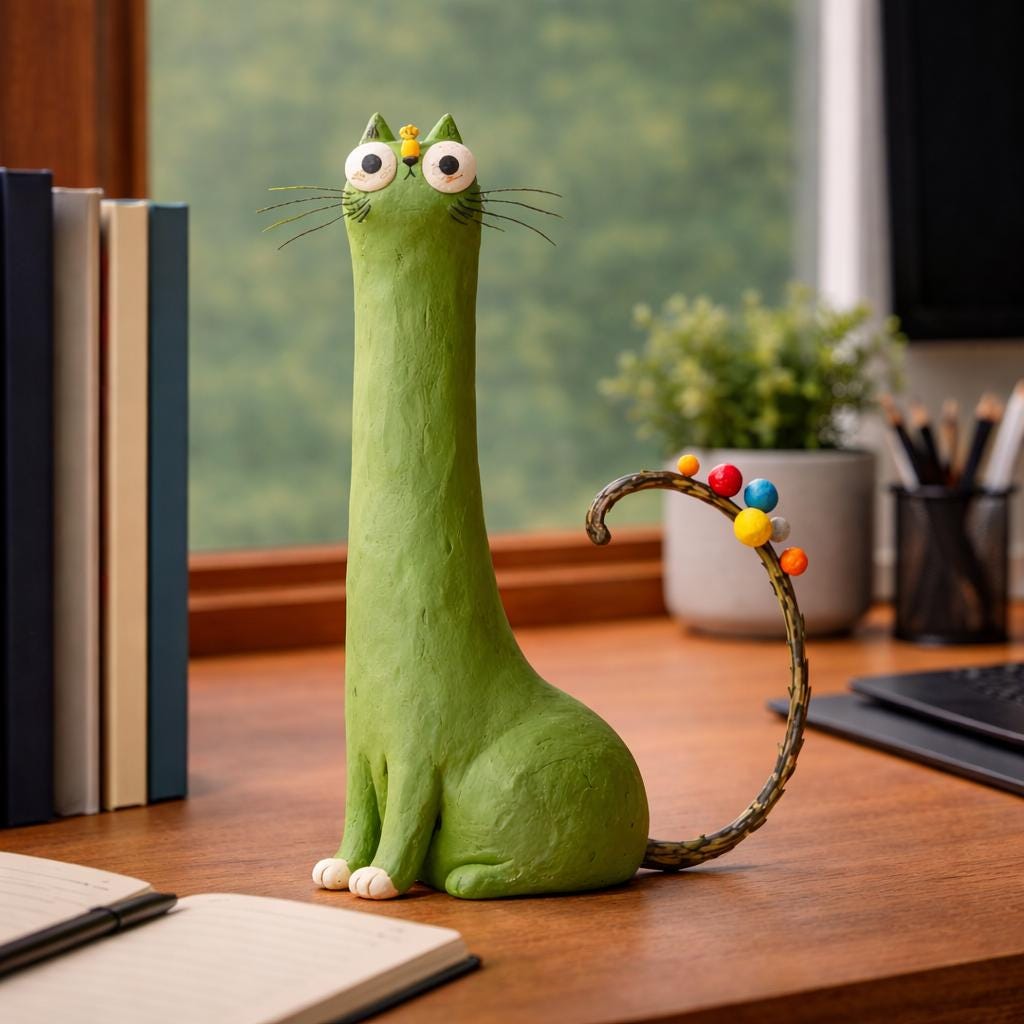 Handmade green long-neck cat clay figurine with colorful tail details