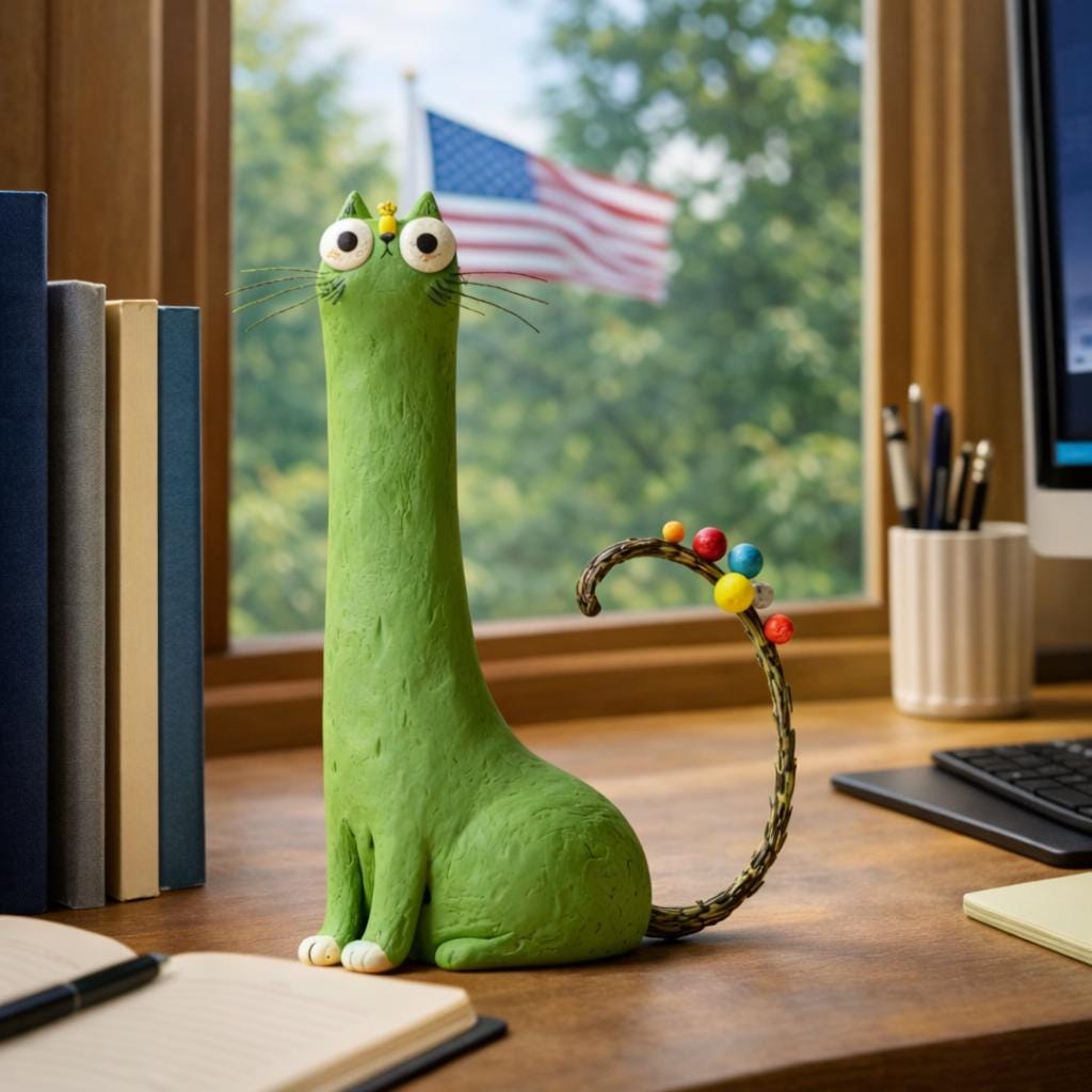 Handmade green long-neck cat clay figurine with colorful tail details