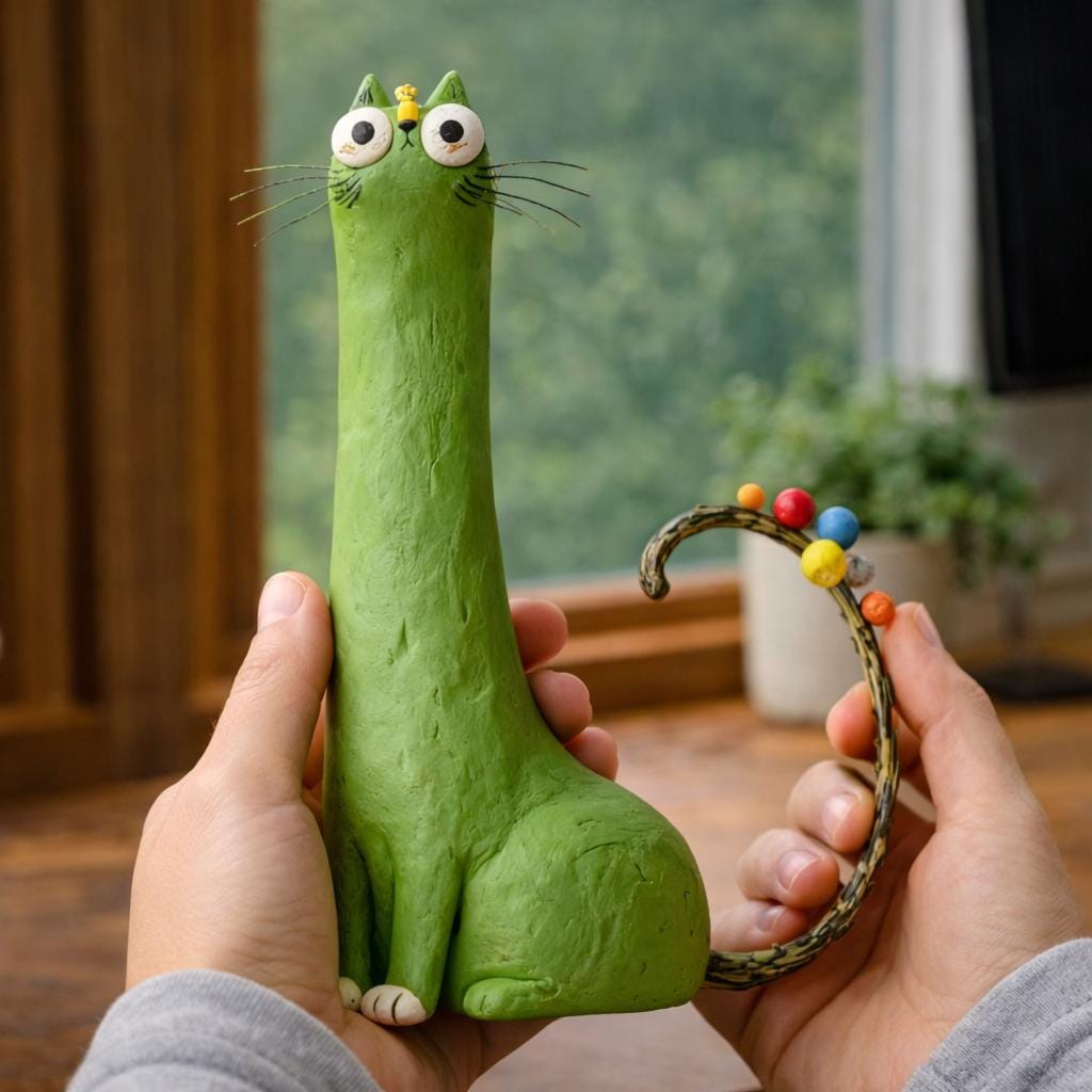 Handmade green long-neck cat clay figurine with colorful tail details