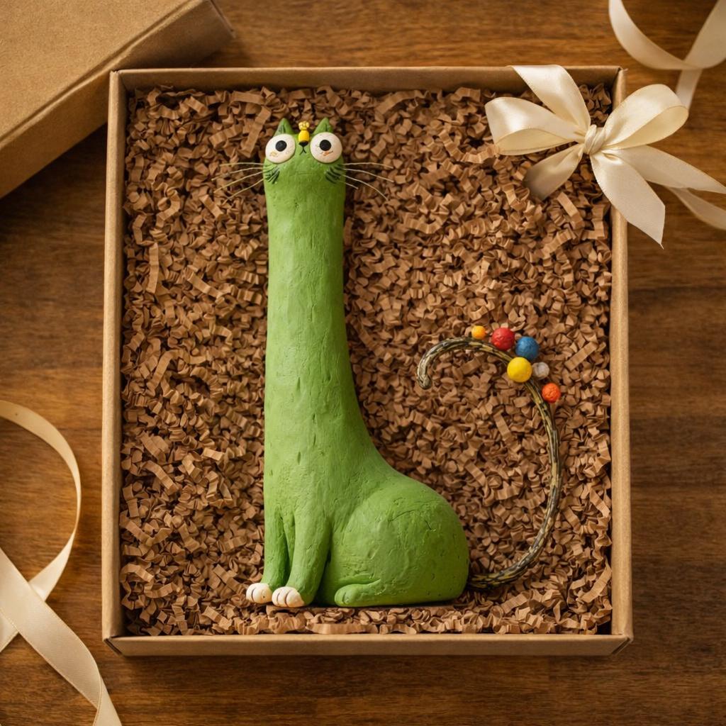 Handmade green long-neck cat clay figurine with colorful tail details