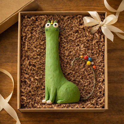 Handmade green long-neck cat clay figurine with colorful tail details