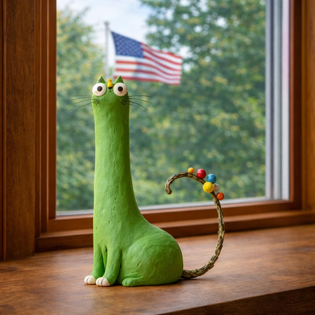 Handmade green long-neck cat clay figurine with colorful tail details