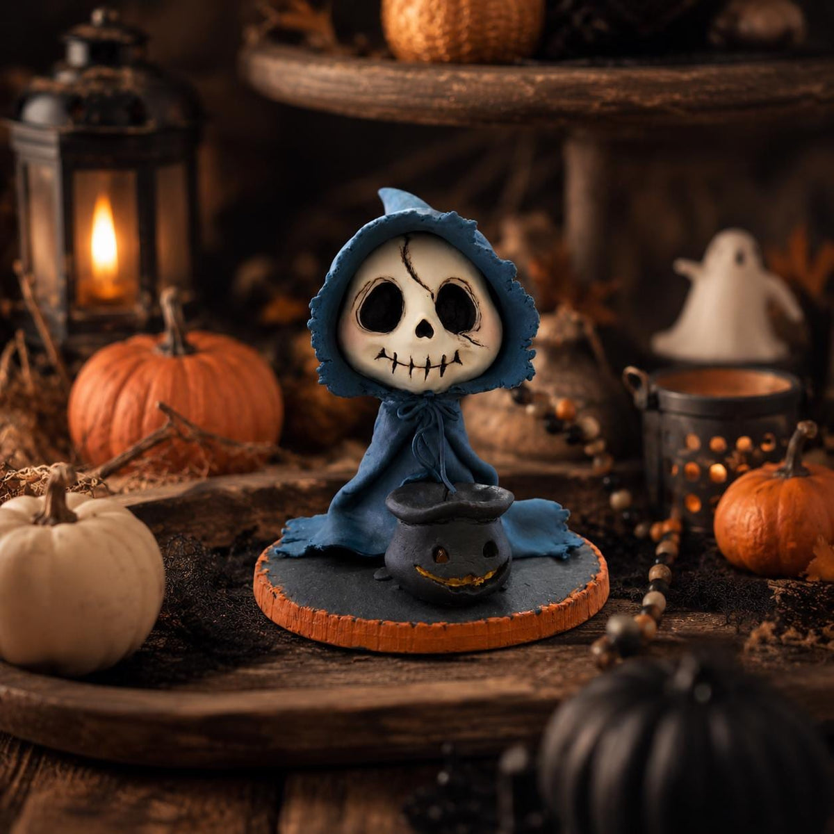 Blue-cloaked skeleton wizard clay figurine — original image 1