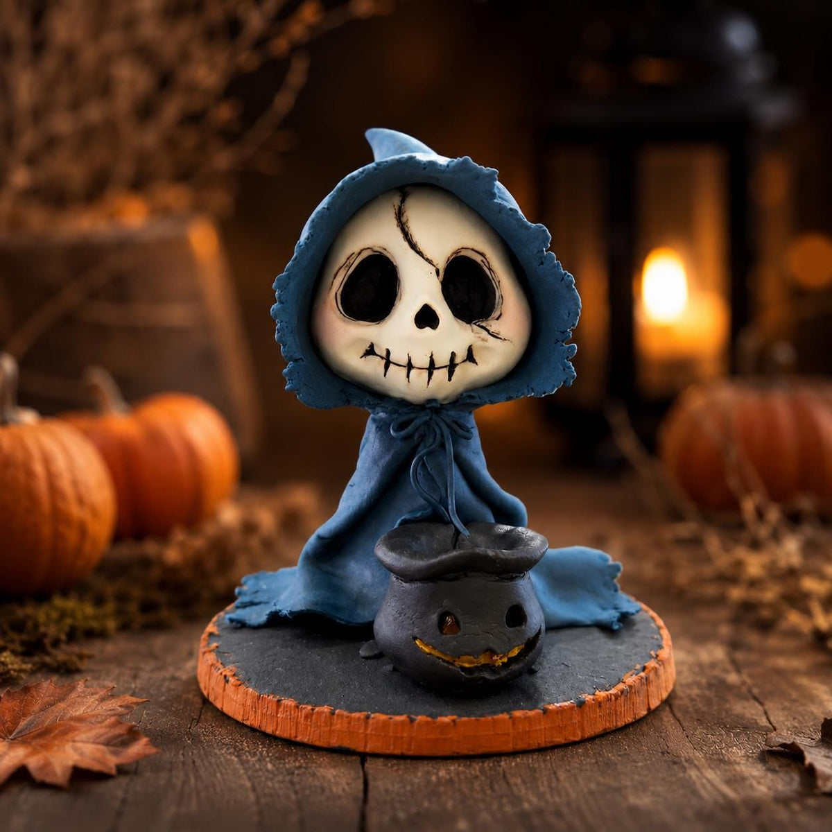 Blue-cloaked skeleton wizard clay figurine — original image 3