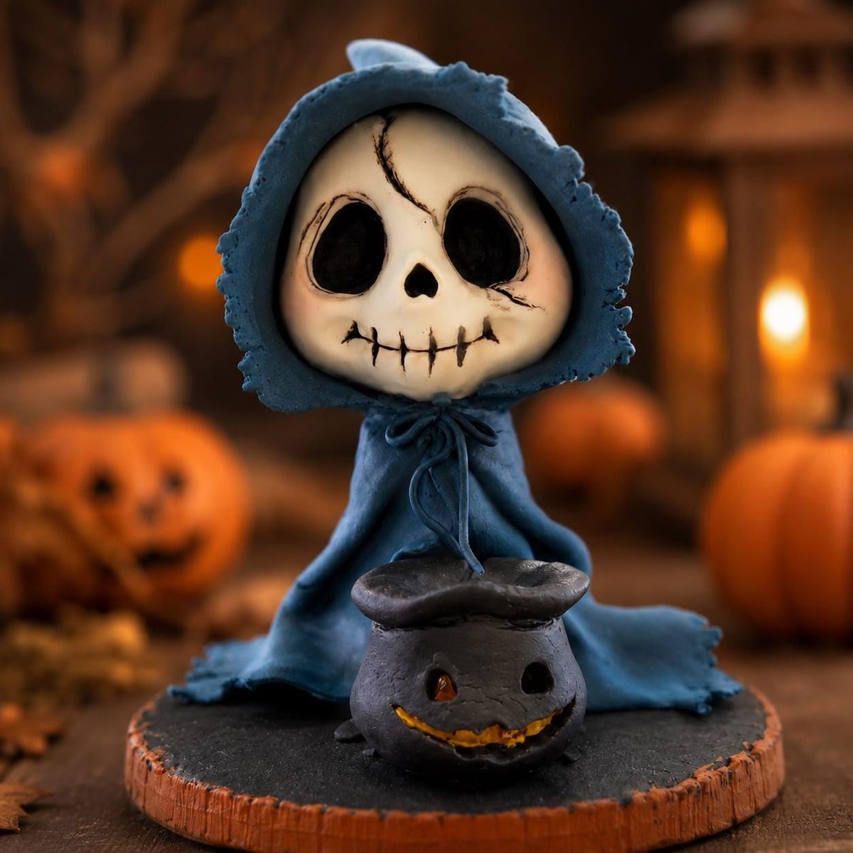 Blue-cloaked skeleton wizard clay figurine — original image 4
