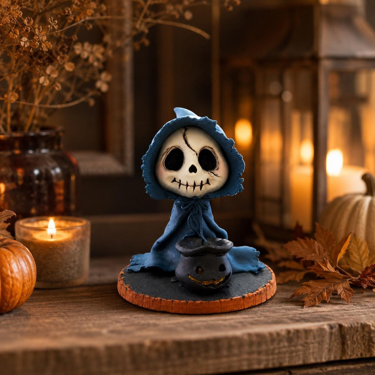 Blue-cloaked skeleton wizard clay figurine — original image 5
