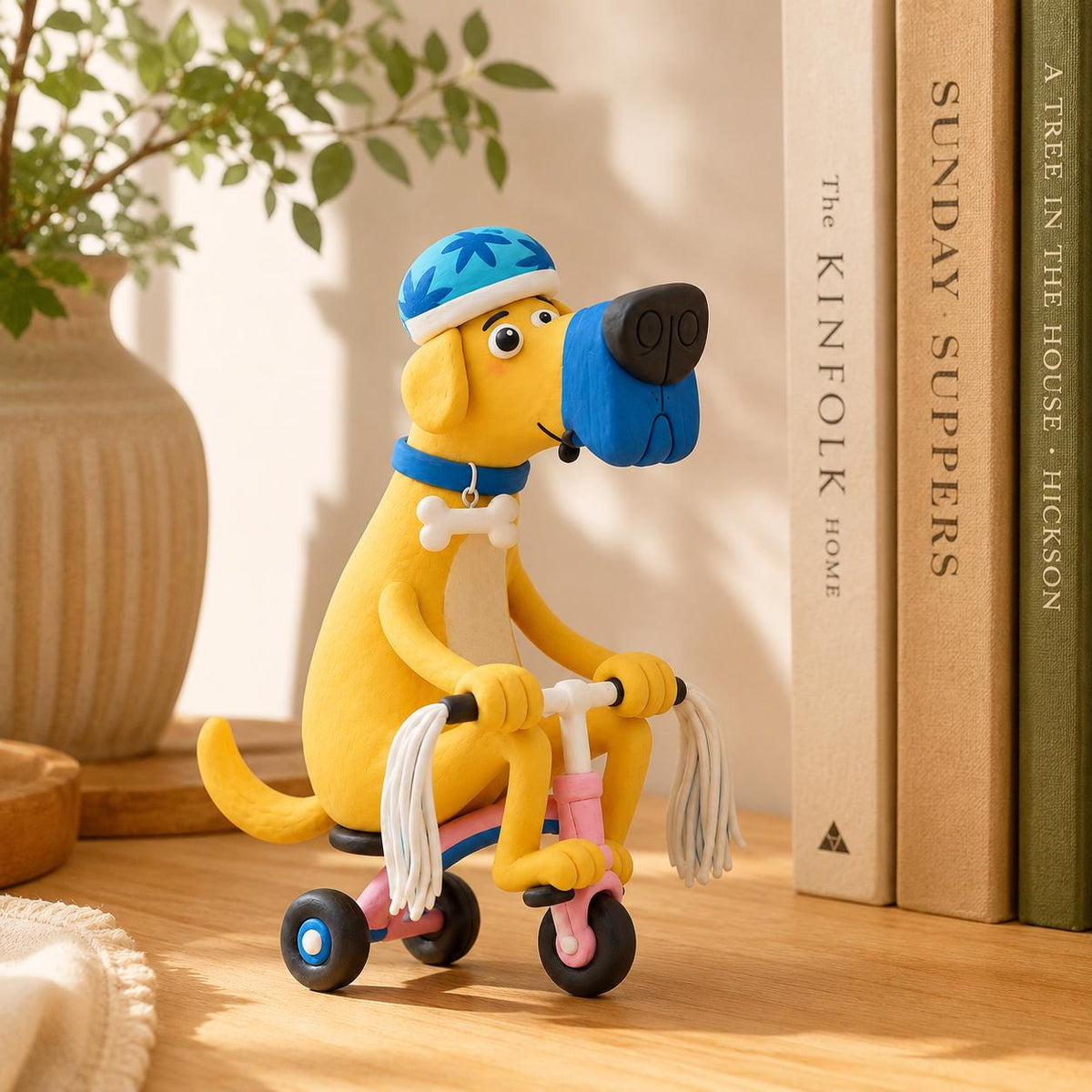Yellow dog riding a pink tricycle clay figurine — original image 1
