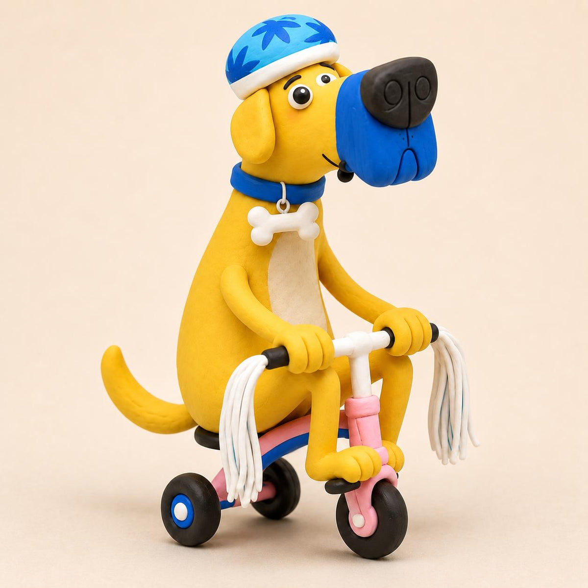 Yellow dog riding a pink tricycle clay figurine — original image 2
