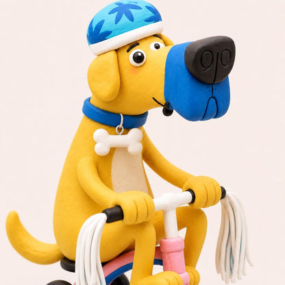 Yellow dog riding a pink tricycle clay figurine — original image 3