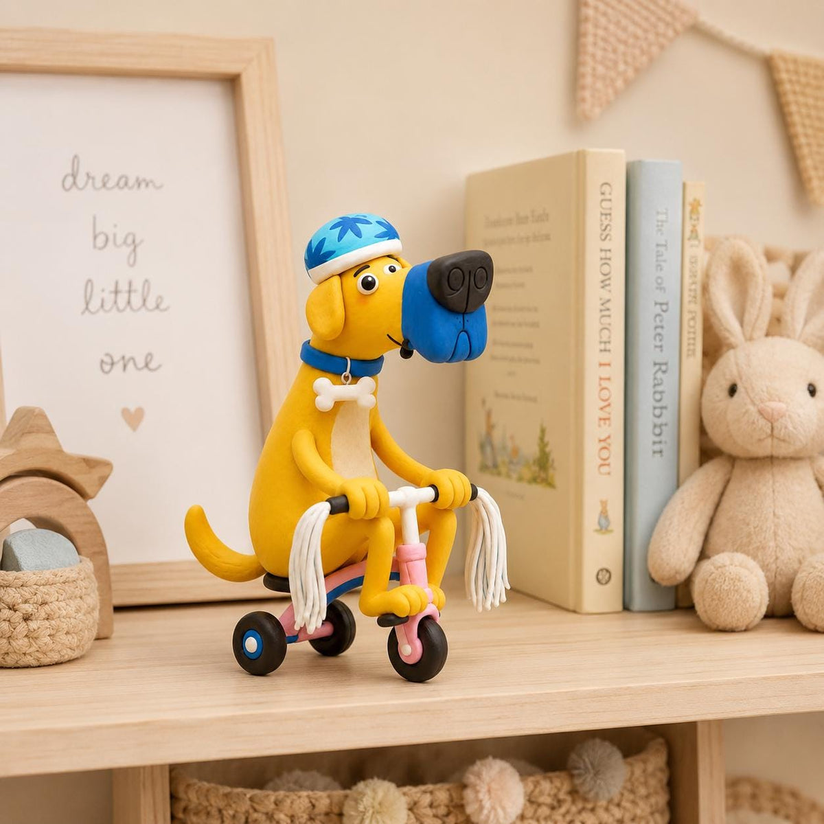 Yellow dog riding a pink tricycle clay figurine — original image 4