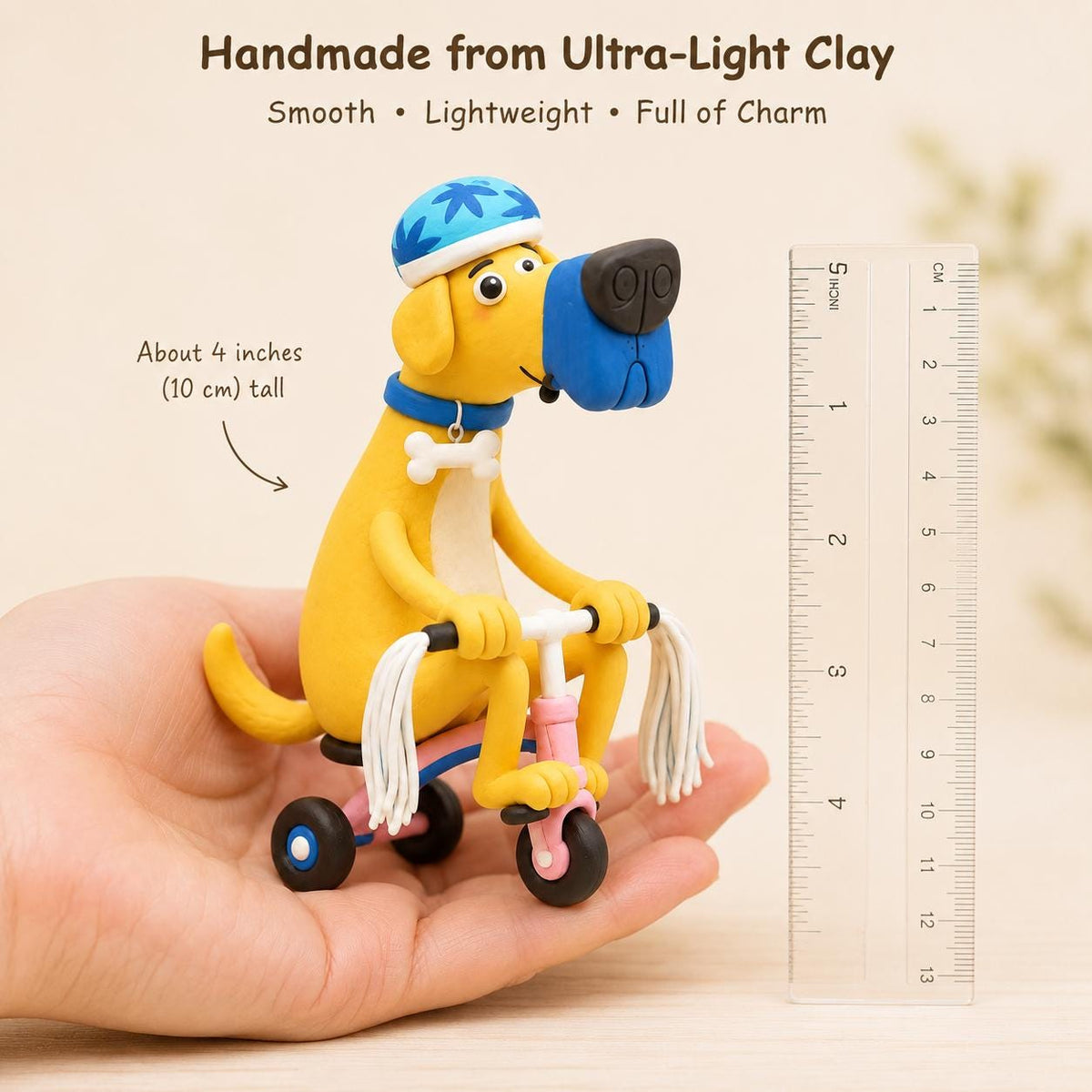Yellow dog riding a pink tricycle clay figurine — original image 5