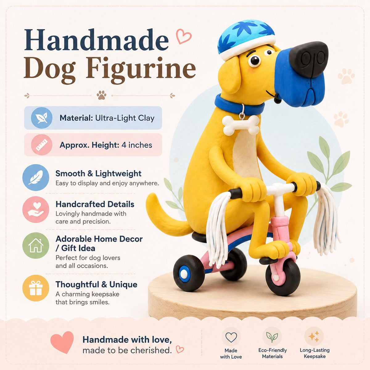 Yellow dog riding a pink tricycle clay figurine — original image 6