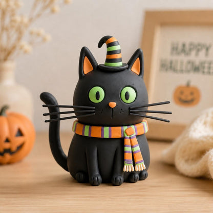 Black cat clay figurine with striped witch hat and scarf — original image 1