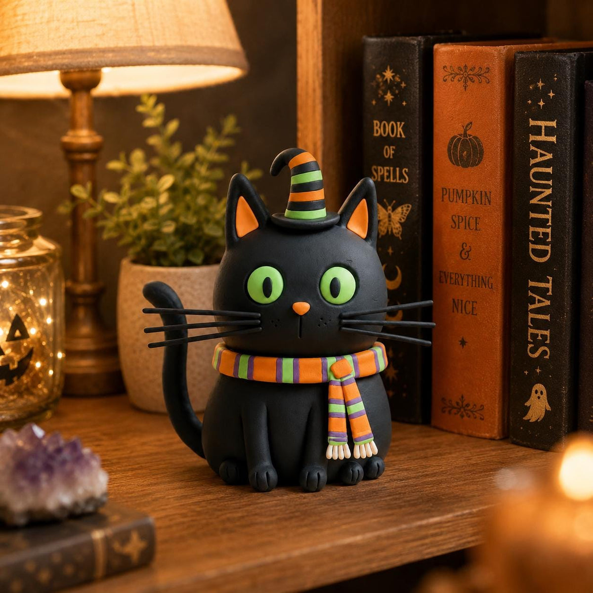 Black cat clay figurine with striped witch hat and scarf — original image 2