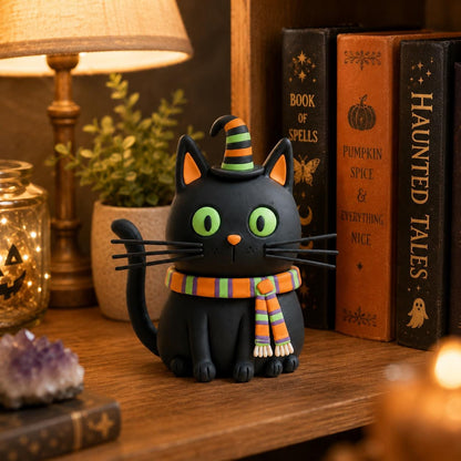 Black cat clay figurine with striped witch hat and scarf — original image 2
