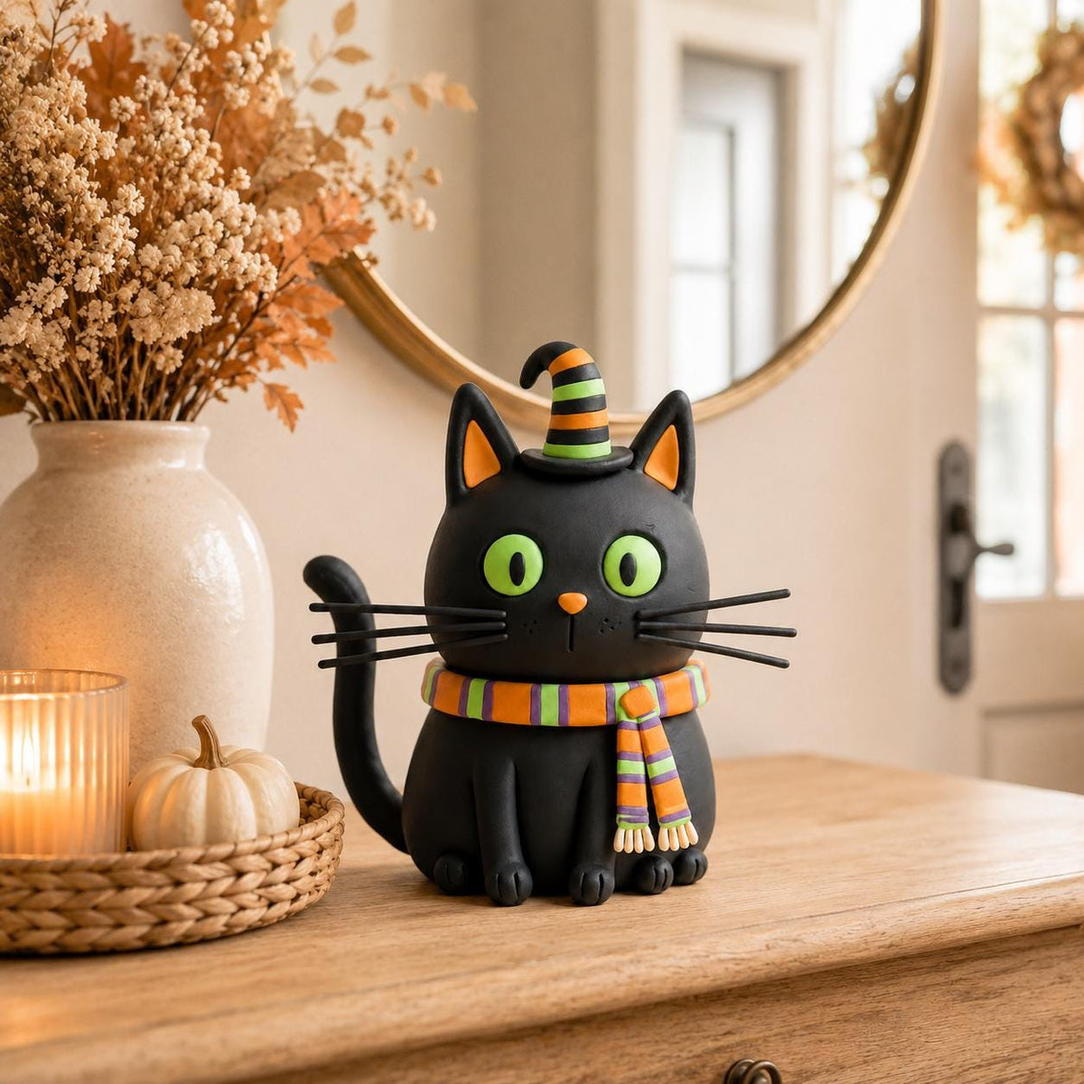Black cat clay figurine with striped witch hat and scarf — original image 3