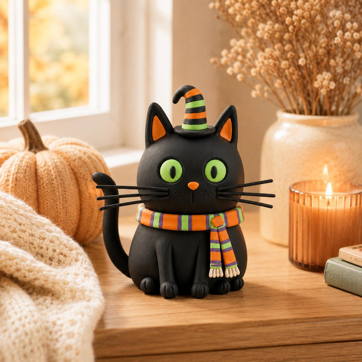 Black cat clay figurine with striped witch hat and scarf — original image 4