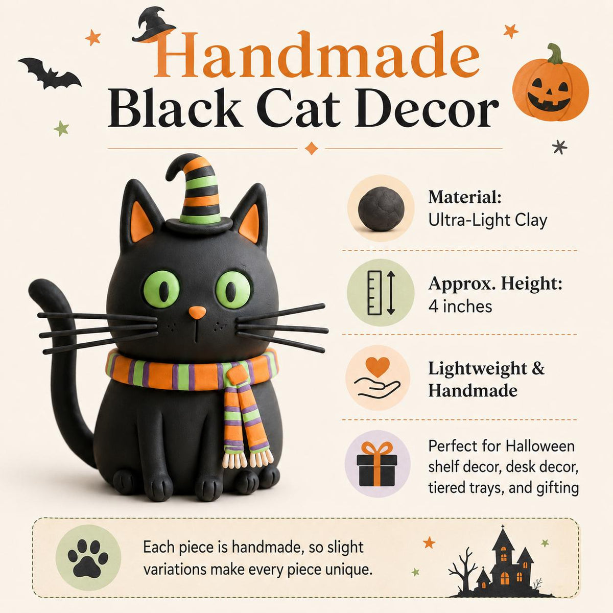 Black cat clay figurine with striped witch hat and scarf — original image 5