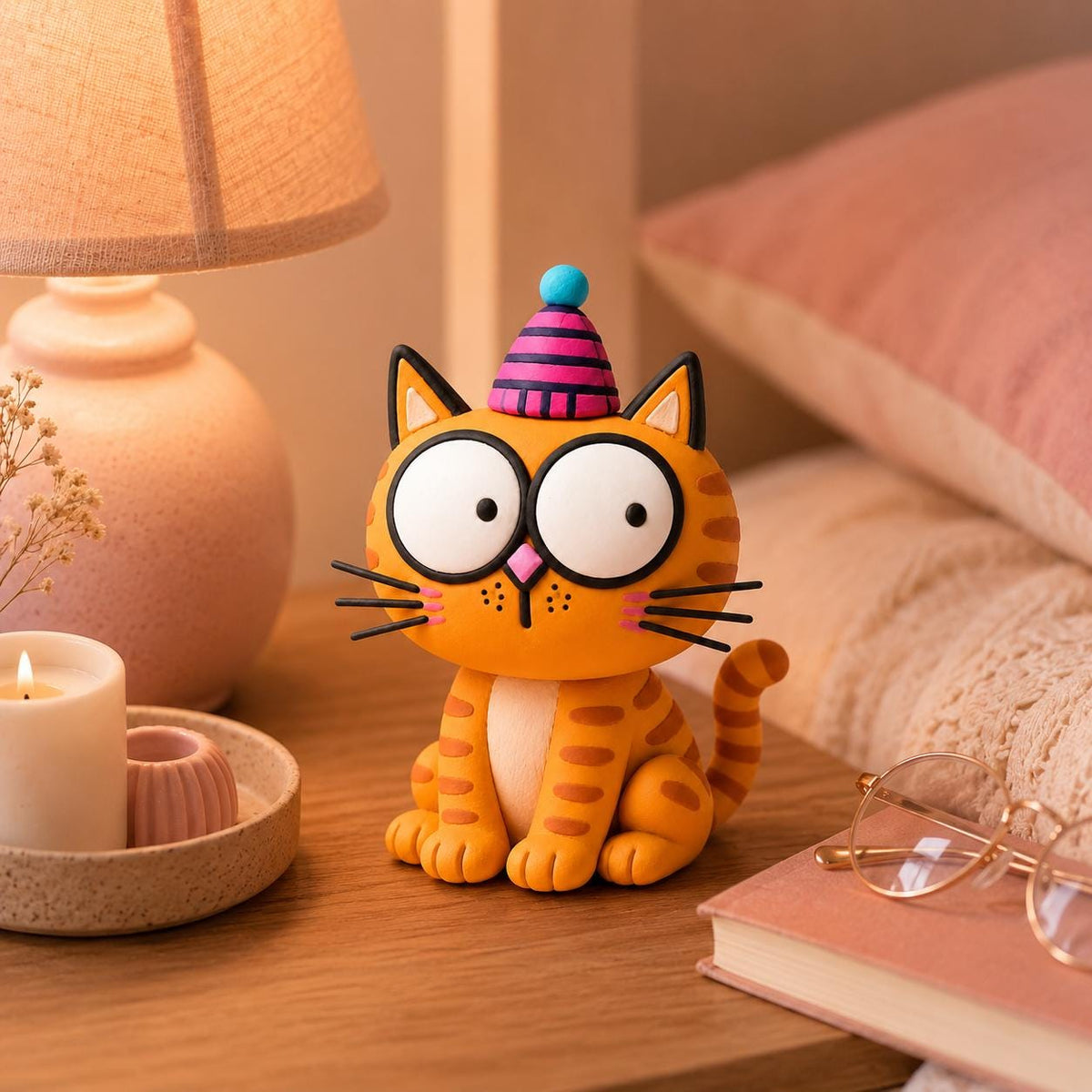 Orange cat clay figurine with striped party hat — original image 1