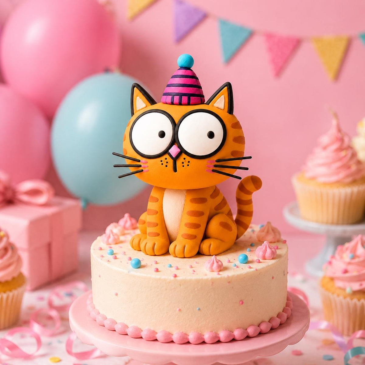 Orange cat clay figurine with striped party hat — original image 2