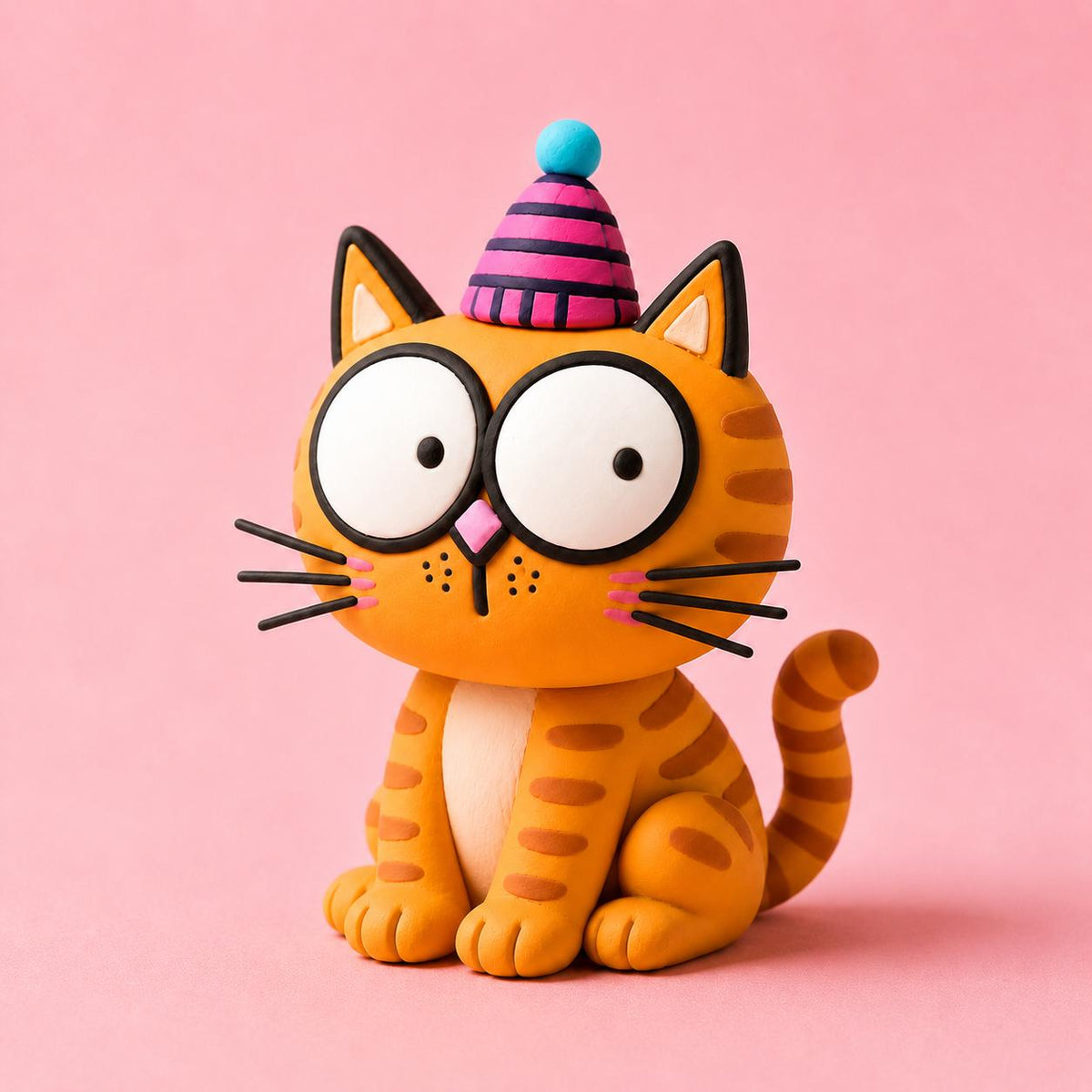 Orange cat clay figurine with striped party hat — original image 3
