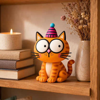 Orange cat clay figurine with striped party hat — original image 4