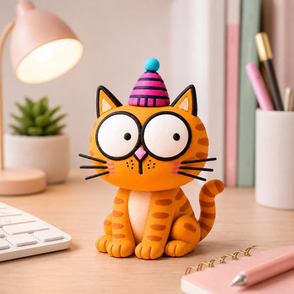 Orange cat clay figurine with striped party hat — original image 5
