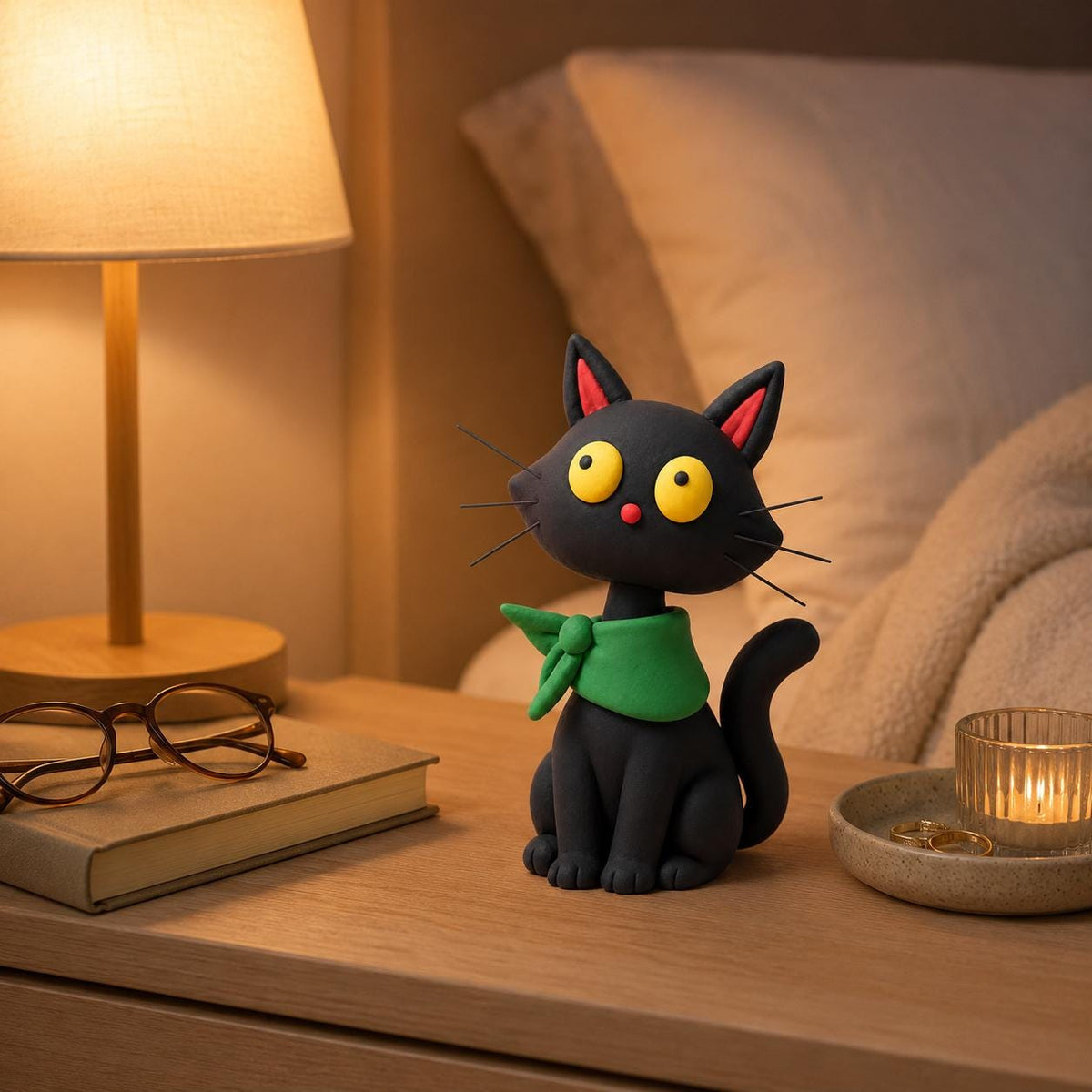 Black cat clay figurine with green neckerchief — original image 1