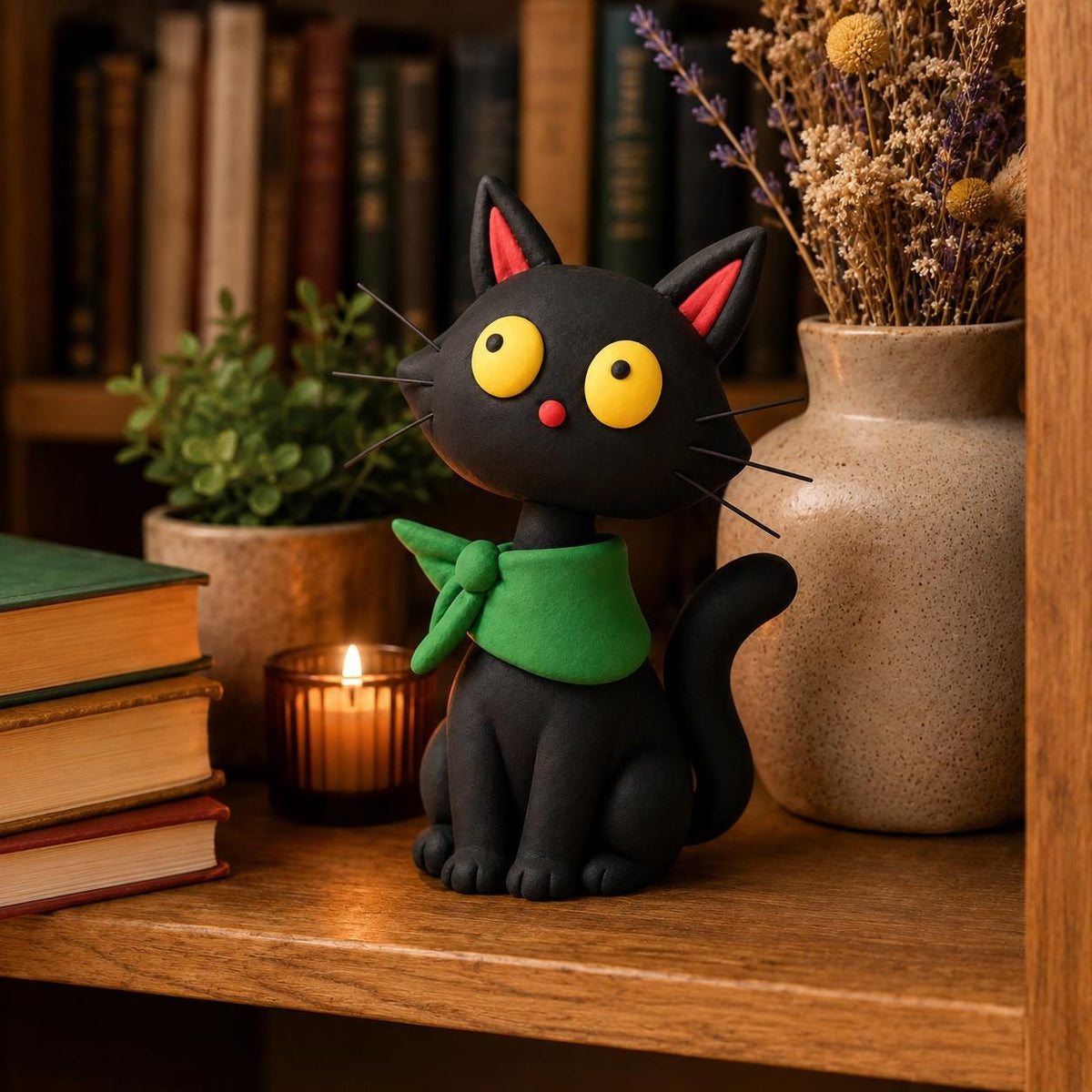 Black cat clay figurine with green neckerchief — original image 2