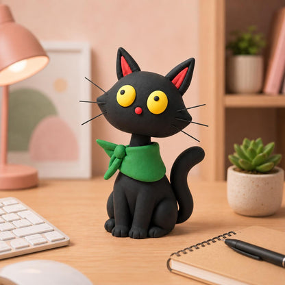 Black cat clay figurine with green neckerchief — original image 3