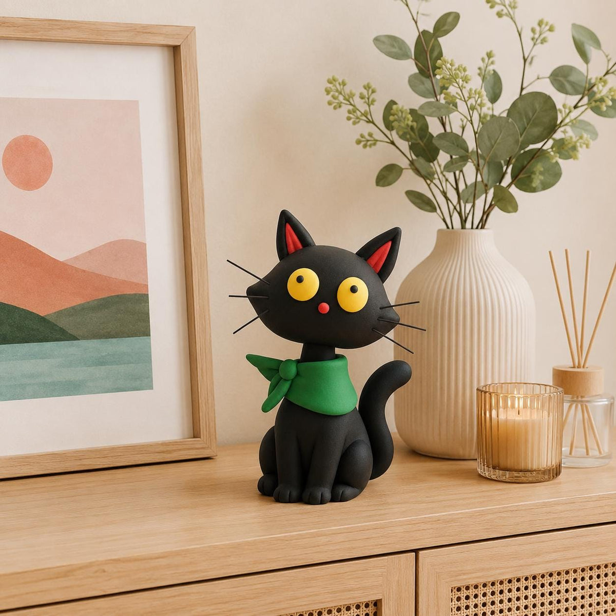 Black cat clay figurine with green neckerchief — original image 4