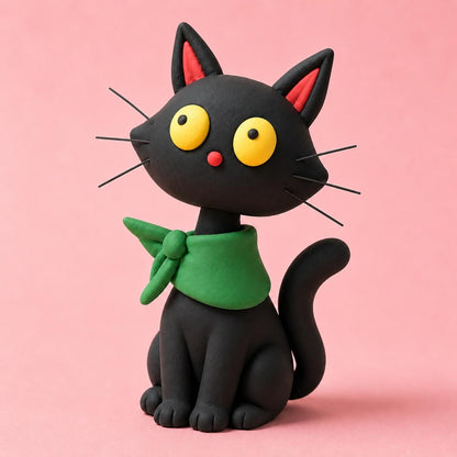 Black cat clay figurine with green neckerchief — original image 5