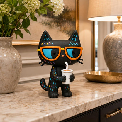 Coffee-loving black cat clay figurine — original listing image 2
