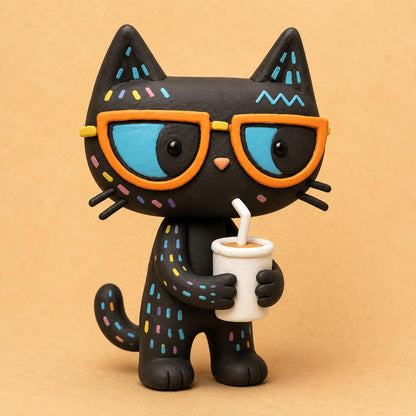 Coffee-loving black cat clay figurine — original listing image 3