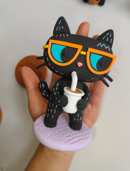 Coffee-loving black cat clay figurine — original listing image 4