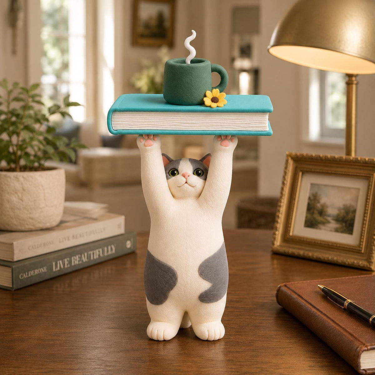 Cat with book and coffee clay figurine — original listing image 1