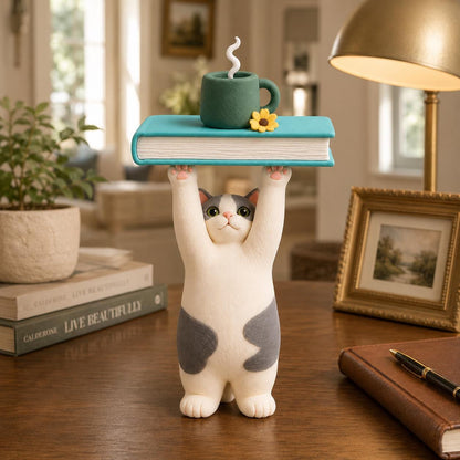 Cat with book and coffee clay figurine — original listing image 1