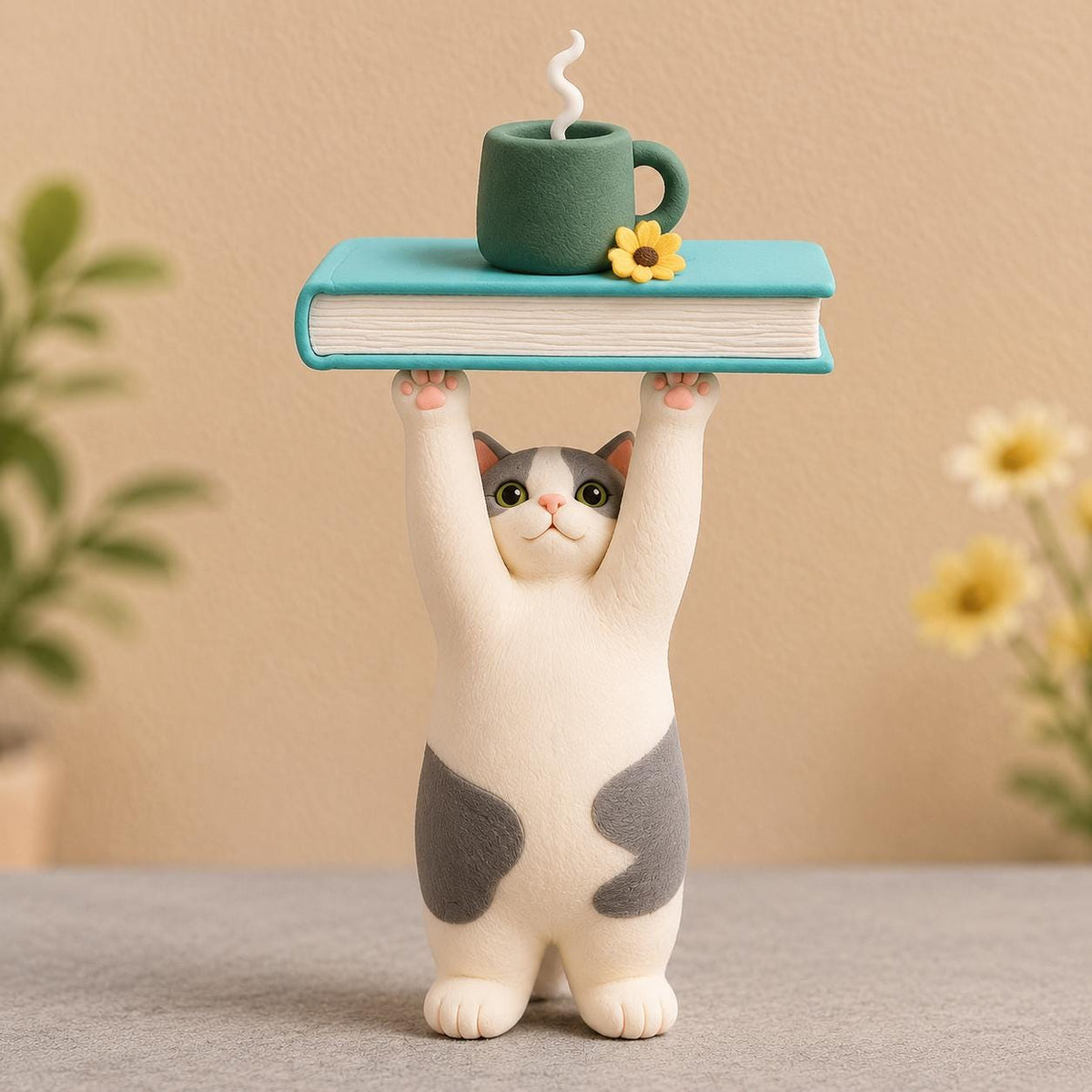 Cat with book and coffee clay figurine — original listing image 2