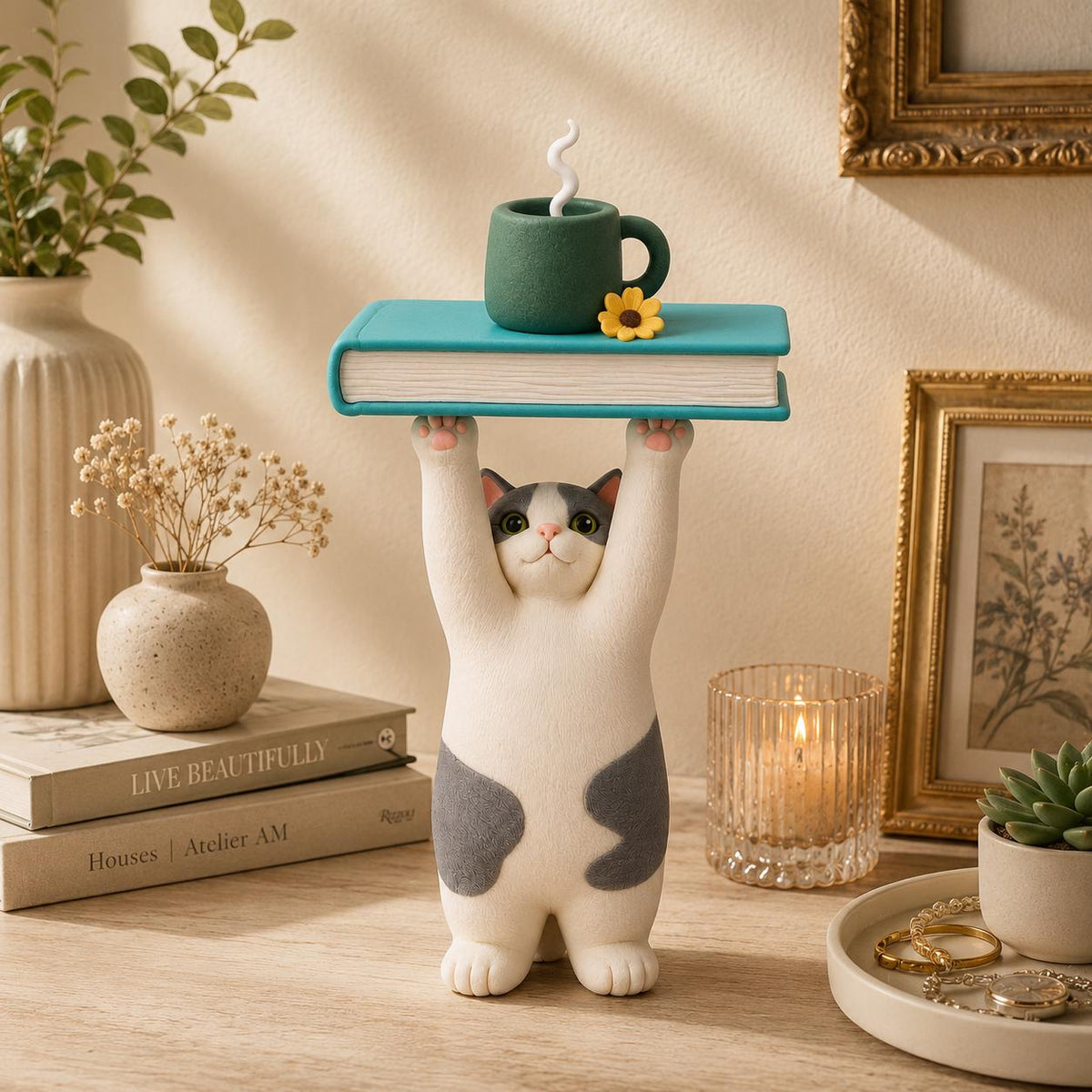 Cat with book and coffee clay figurine — original listing image 3