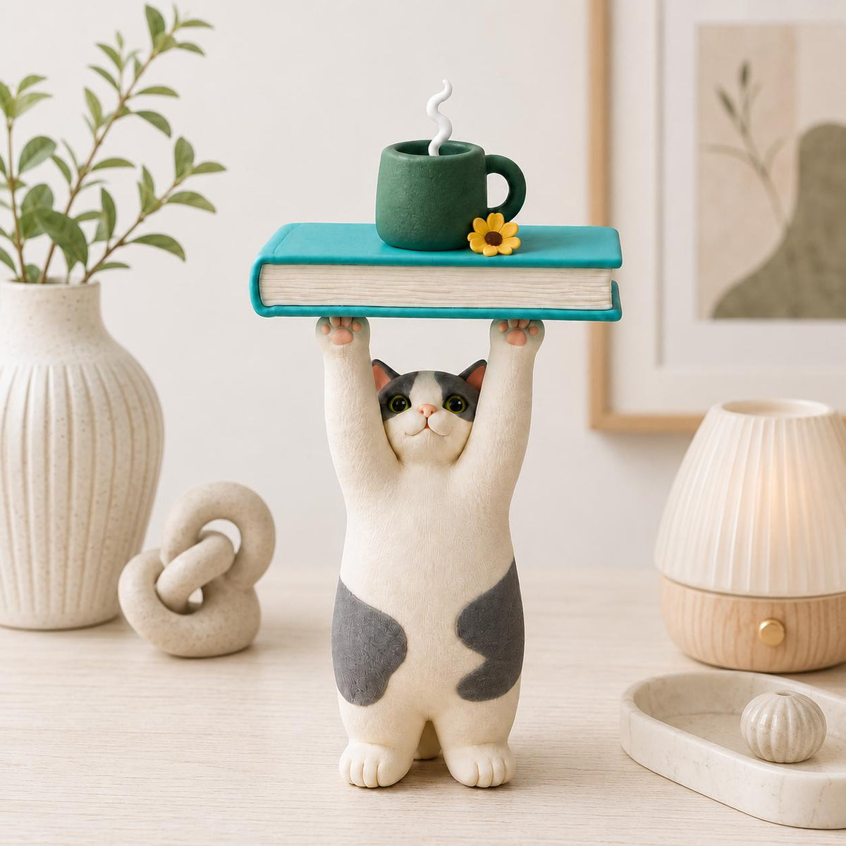 Cat with book and coffee clay figurine — original listing image 4