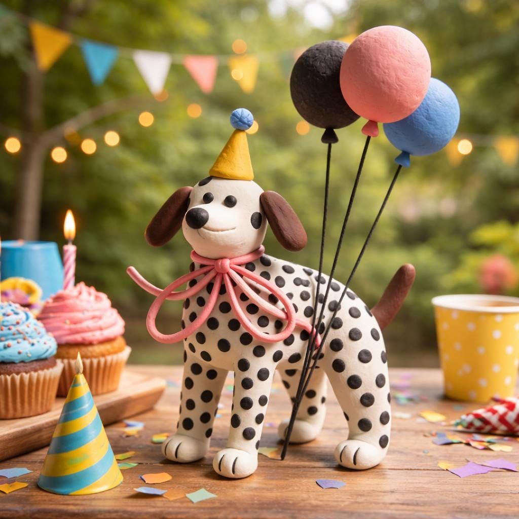 Handmade clay Dalmatian dog figurine with party hat and balloon details