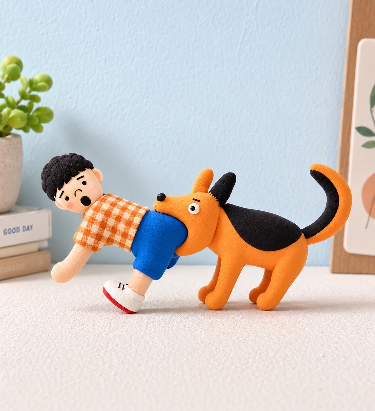 Handmade boy and dog clay figurine, original listing image 2